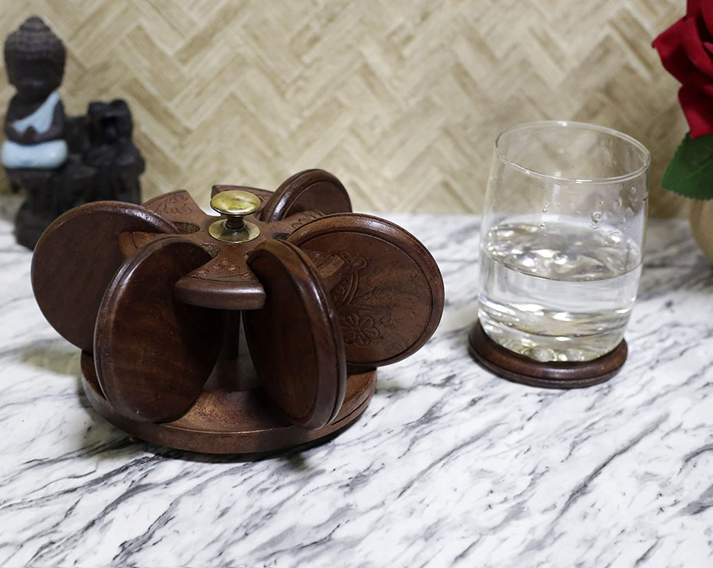 Handmade Sheesham Wood Coaster Set in Antique Design for Hot & Cold Tea/Coffee/Drinks/Beer cans/Coffee Mugs – Tabletop Protection